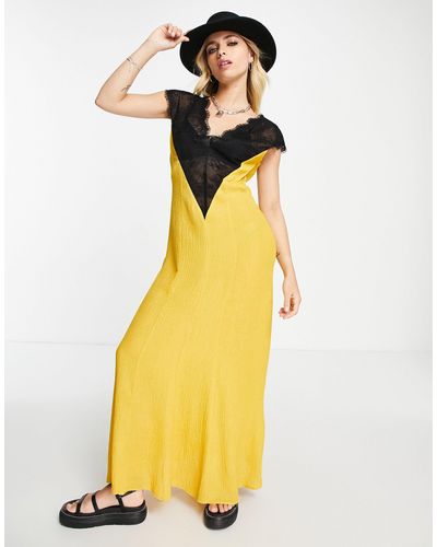 TOPSHOP Lace Trim Deep V Midi Dress - Yellow