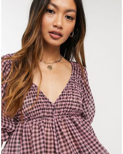 ASOS V Neck Top With Shirred Waist And Puff Frill Sleeve