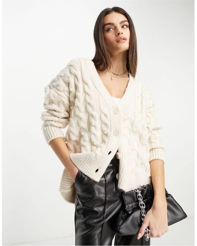 Mango Chunky Knitted Cardigan With Faux Pearls - White