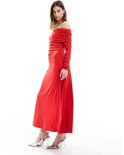 Monki Long Sleeve Off The Shoulder Full Length Midi Dress - Red