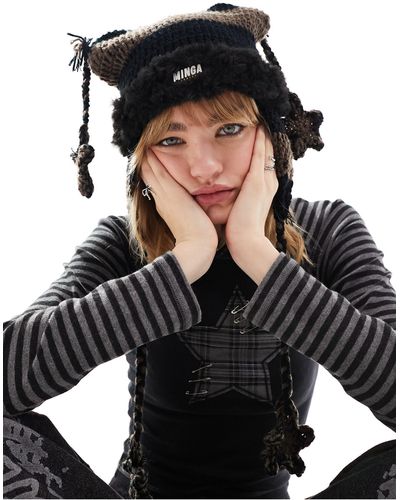 Minga London Star Detail Fluffy Knitted Hat - Black