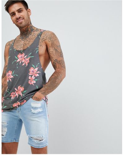 ASOS Extreme Racer Back Tank With All Over Floral Print - Black