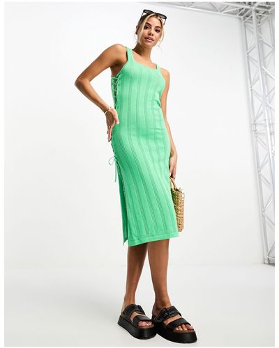 Pieces Crochet Side Ruched Midi Beach Dress - Green