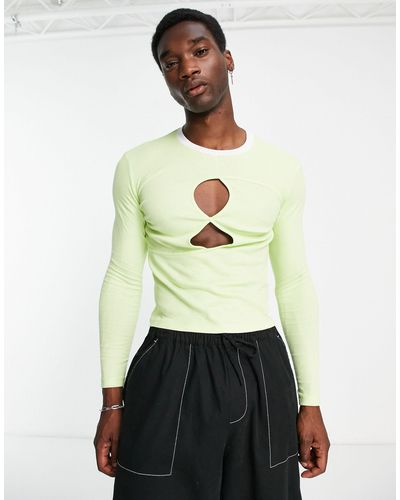 ASOS T-shirt attillata a maniche lunghe lime con cut-out e bordi a contrasto - Verde
