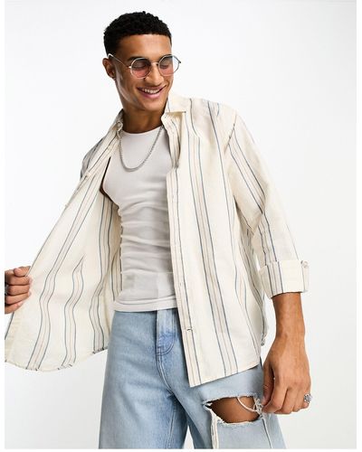Pull&Bear Linen Long Sleeve Striped Shirt - White