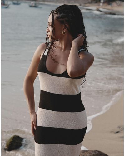 4th & Reckless X Loz Vassallo Tulum Knitted Stripe Maxi Beach Dress - Grey