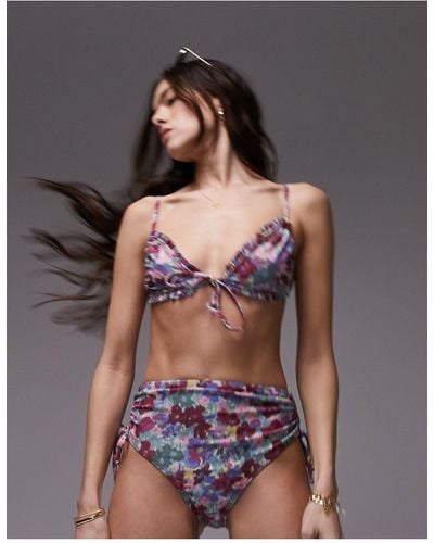 TOPSHOP Mix and match - top bikini a triangolo allacciato sul davanti con stampa floreale sfumata e volant - Multicolore