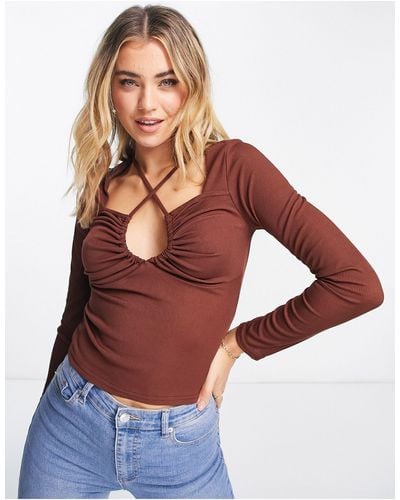 New Look Long Sleeve Keyhole Cut Out Top - Brown