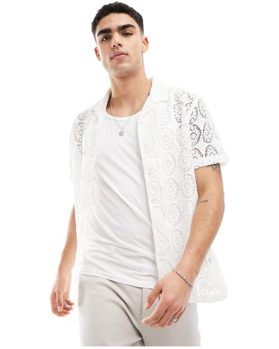 Brave Soul Crochet Camp Collar Shirt - White