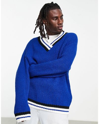 ASOS Oversized V-neck Knitted Sweater - Blue