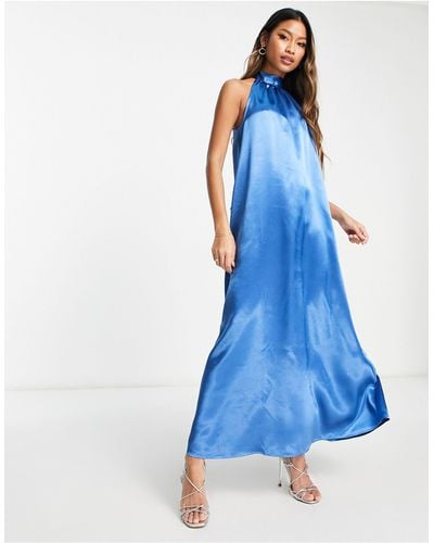 Vila Bridesmaid Satin Halterneck Maxi Dress With Bow Back - Blue