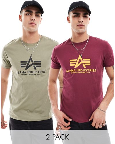 Alpha Industries Alpha - confezione da 2 t-shirt oliva e bordeaux con logo sul petto - Multicolore