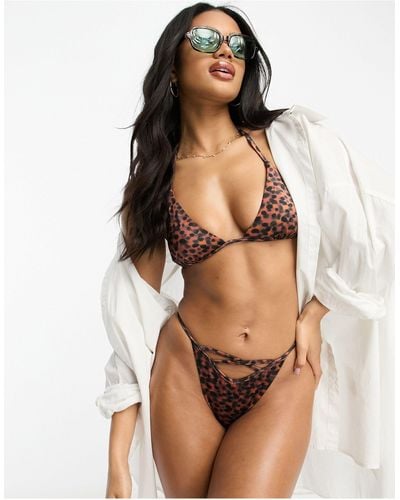 ASOS – tanga-bikinihose mit riemchenverzierung vorn und schildpatt-print - Braun