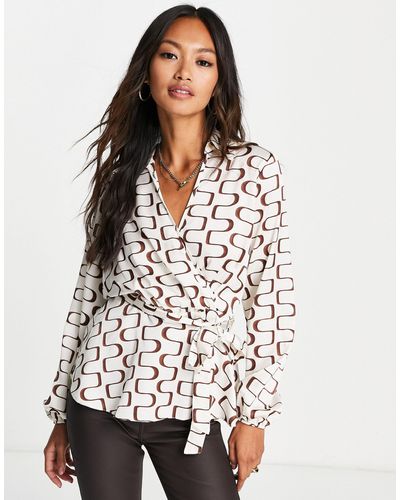 New Look Wave Print Satin Wrap Collared Top - White