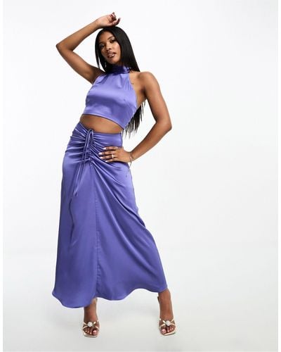 Aria Cove Satin Ruched Front Maxi Skirt Co-ord - Blue