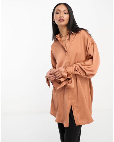 ASOS Oversized Satin Shirt With Tie Cuff Detail - Brown