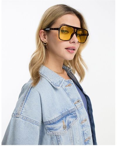 Monki Oversized 70s Square Sunglasses With Yellow Lense - Blue