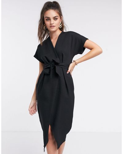 Closet Wrap Tie Midi Dress - Black