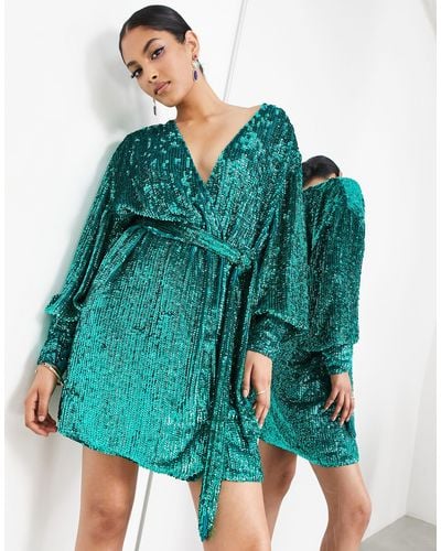 ASOS Sequin Wrap Mini Dress - Green