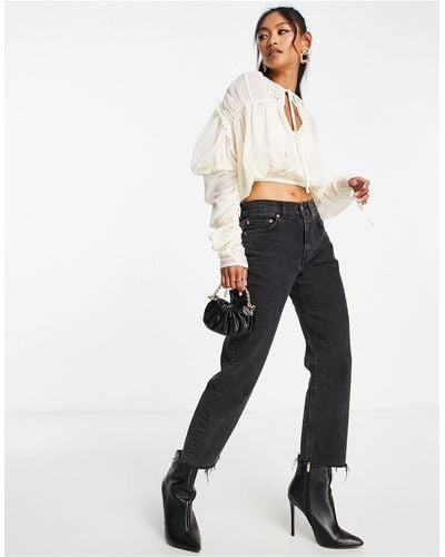ASOS Sheer Blouse With Ruched Sleeves & Blouson - White