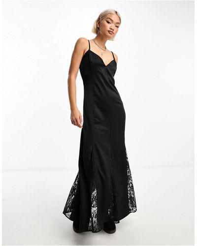 Reclaimed (vintage) Satin Slip Dress With Lace Inserts - Black