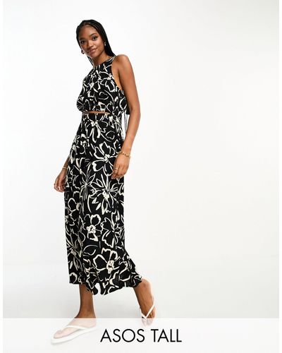 ASOS Asos design tall - robe d'été mi-longue en lin froncé avec découpes et imprimé fleurs abstraites - Blanc