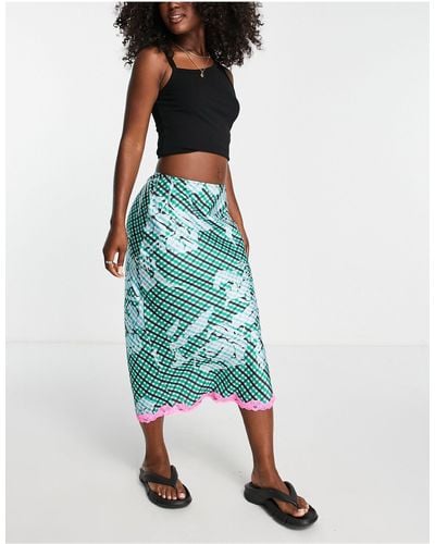 TOPSHOP Check Satin Bias Midi Skirt With Lace Trim - Green