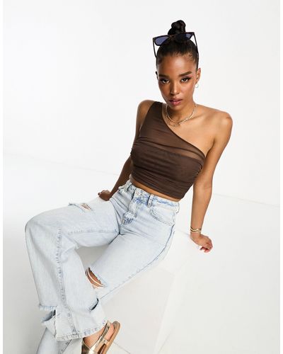 Pull&Bear Crop top asymétrique avec détail en tulle - marron - Blanc