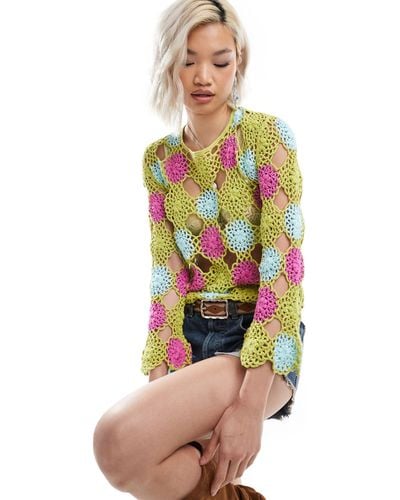 Reclaimed (vintage) Limited Edition Crochet Flower Long Sleeve Top - Green