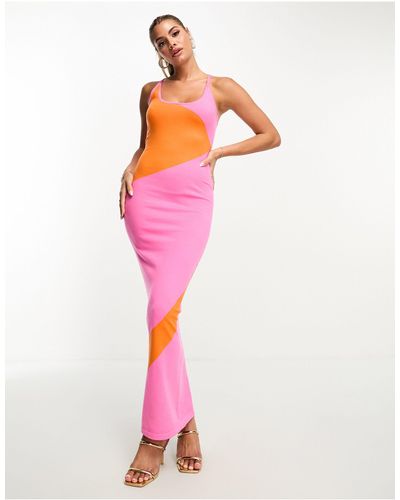 Style Cheat Robe mi-longue en maille color block - rose et orange