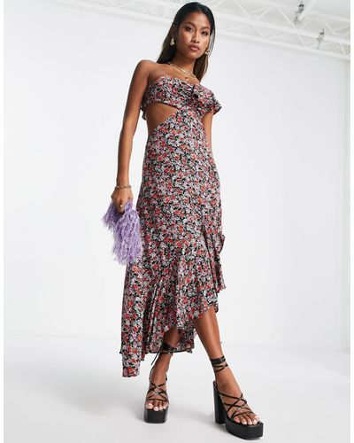 TOPSHOP One Shoulder Ruffle Midi Dress With Cut Out Side - Multicolor