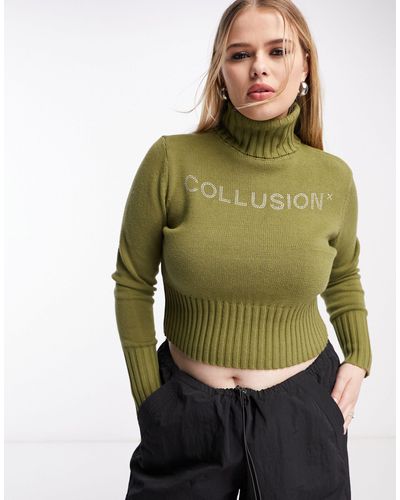 Collusion Plus - maglione a collo alto kaki a coste con stampa applicata a caldo - Verde