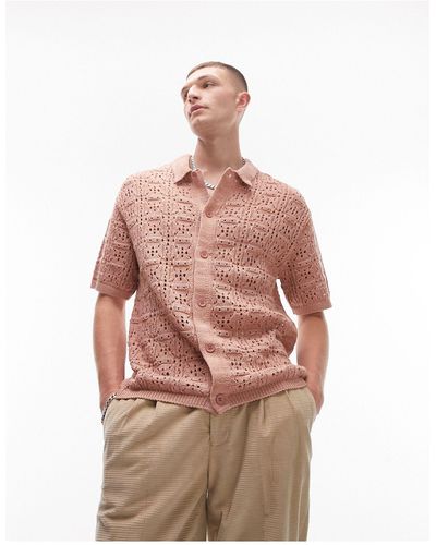 TOPMAN Knitted Pointelle Button Through Shirt - Pink