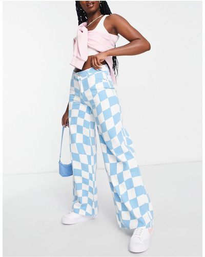 Noisy May Jean évasé à taille mi-haute avec motif damier - et blanc - Bleu