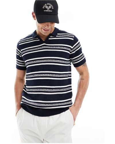 Brave Soul Heavyweight Textured Knit Trophy Neck Polo - Blue