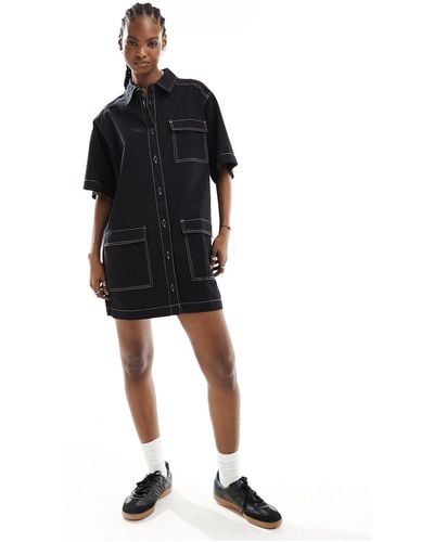 Collusion Twill Mini Pocket Shirt Dress With Contrast Stitch Detail - Black