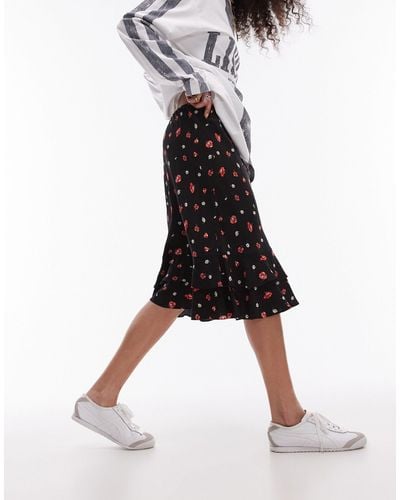 TOPSHOP Double Ruffle Knee Length Skirt - Black