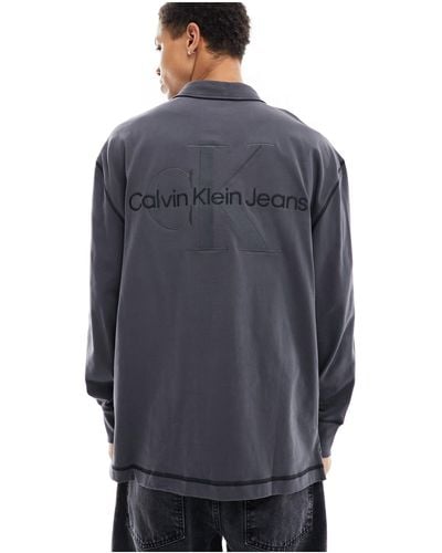 Calvin Klein Monogram Logo Long Sleeve Rugby Polo Shirt - Blue