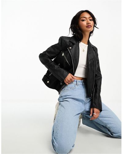 River Island Faux Leather Biker Jacket - Black