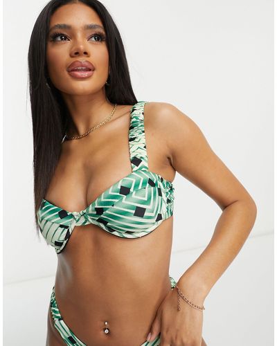 River Island Top bikini a balconcino con stampa e spalline arricciate - Blu