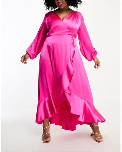 Flounce London Long Sleeve Wrap Satin Midi Dress - Pink