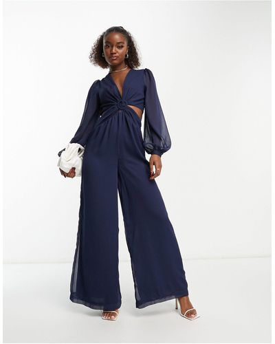 Style Cheat Balloon Sleeve Cut-out Jumpsuit - Blue
