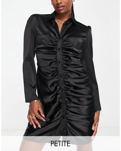 Flounce London Satin Ruched Bodycon Mini Shirt Dress - Black