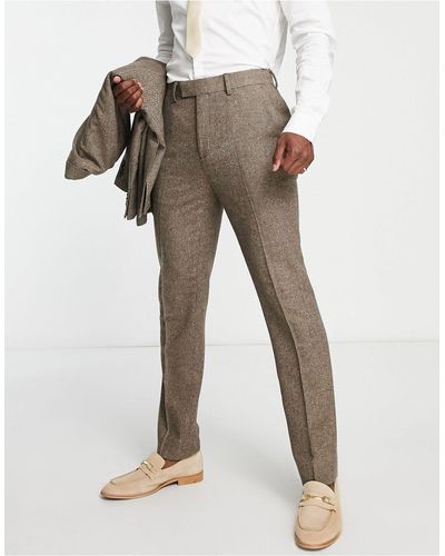 TOPMAN Slim Herringbone Wool Mix Warn Handle Suit Trousers - Brown