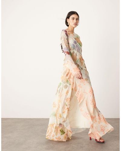 ASOS Long Sleeve Bias Paneled Maxi Dress - Natural