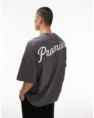 TOPMAN T-shirt super oversize pesante antracite con ricamo "promises" sul davanti e sul retro - Blu