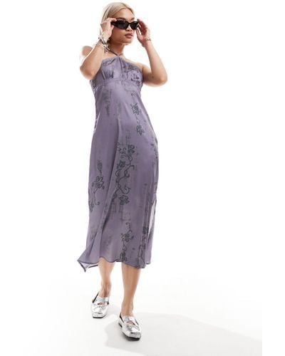 Collusion Halter Maxi Slip Dress With Lace Trim - Purple