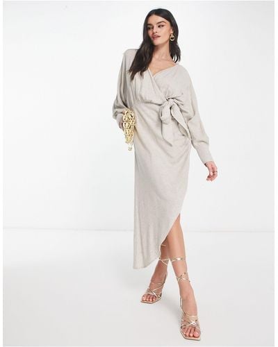 ASOS Linen Batwing Tie Side Midi Dress With Asymmetric Skirt - White