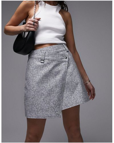 TOPSHOP Cracked Leather Look Wrap Mini Skirt - Gray