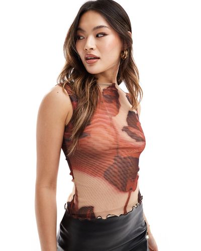 ASOS Large Print Mesh Boat Neck Top - Red